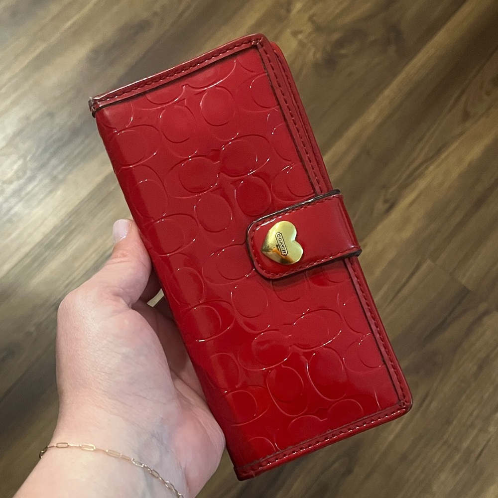 Coach Signature Embossed Red Patent Leather Wallet with Gold Heart Closure